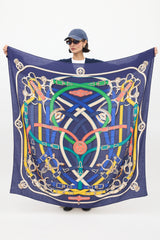 Hermès Navy & Multicolour Cashmere & Silk Cavalcadour 140 Scarf