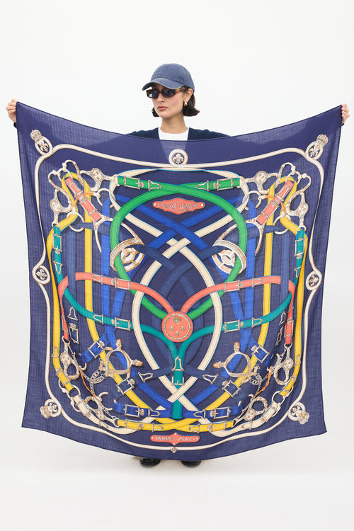 Hermès Navy & Multicolour Cashmere & Silk Cavalcadour 140 Scarf