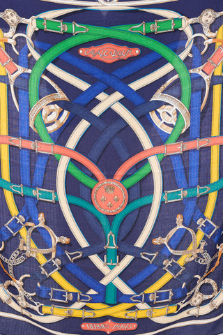 Hermès Navy & Multicolour Cashmere & Silk Cavalcadour 140 Scarf