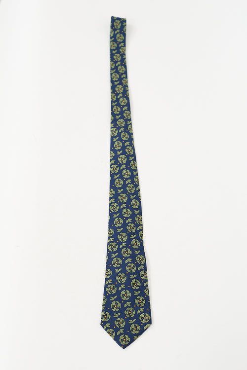 Hermès Navy & Multicolour Silk Leaf Printed Tie