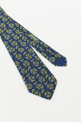 Hermès Navy & Multicolour Silk Leaf Printed Tie