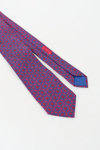 Hermès Navy & Red Silk Printed Tie