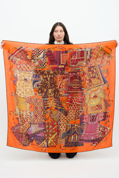 Hermès Orange & Multicolour Cashmere Voyage en Etoffes Scarf