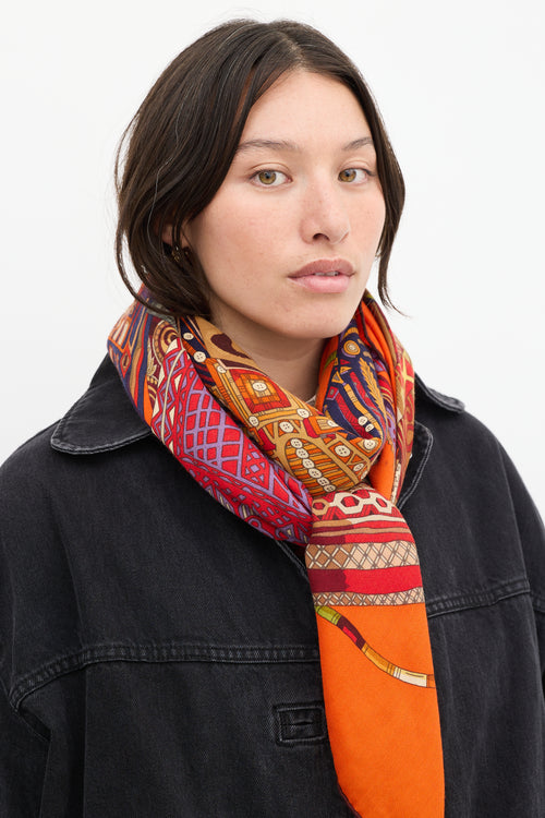 Hermès Orange & Multicolour Cashmere Voyage en Etoffes Scarf