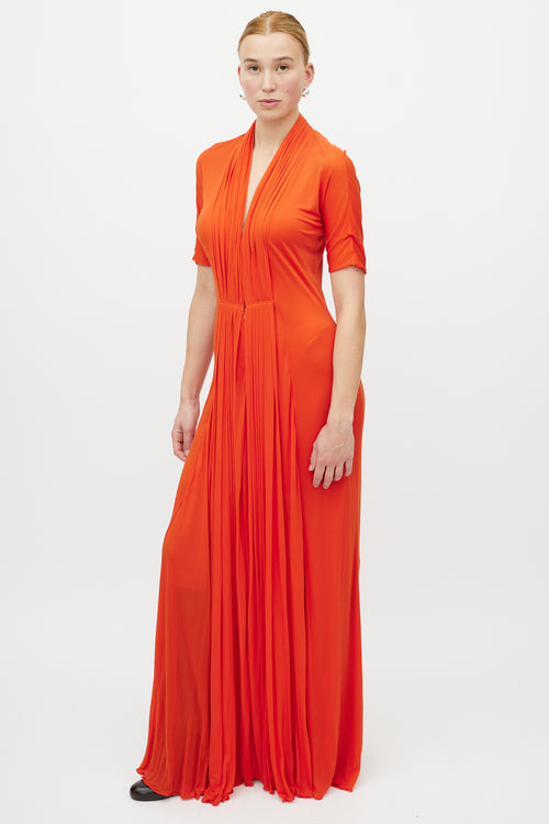 Hermès Orange Pleated V-Neck Dress
