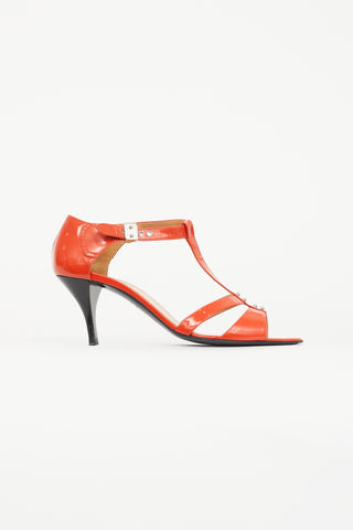 Hermès Orange Patent T-Strap Heeled Sandal