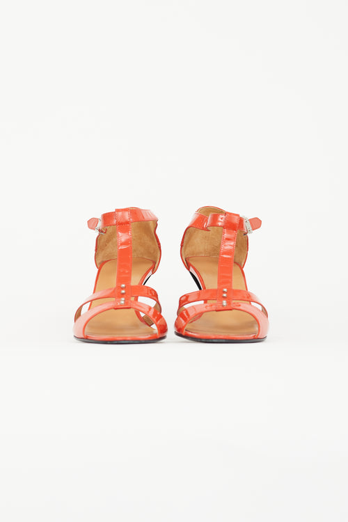 Hermès Orange Patent T-Strap Heeled Sandal
