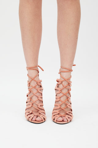 Hermès Pink Suede Cutout Cage Lace Up Heel