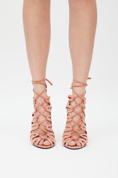 Hermès Pink Suede Cutout Cage Lace Up Heel