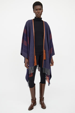 Hermes Navy & Brown Striped Wool Poncho