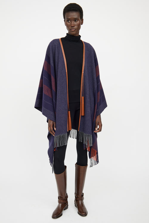 Hermes Navy & Brown Striped Wool Poncho