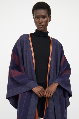 Hermes Navy & Brown Striped Wool Shawl