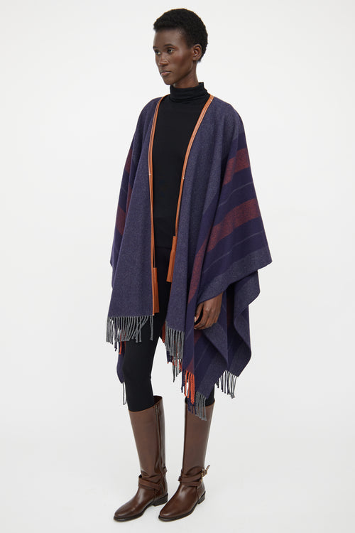 Hermes Navy & Brown Striped Wool Poncho