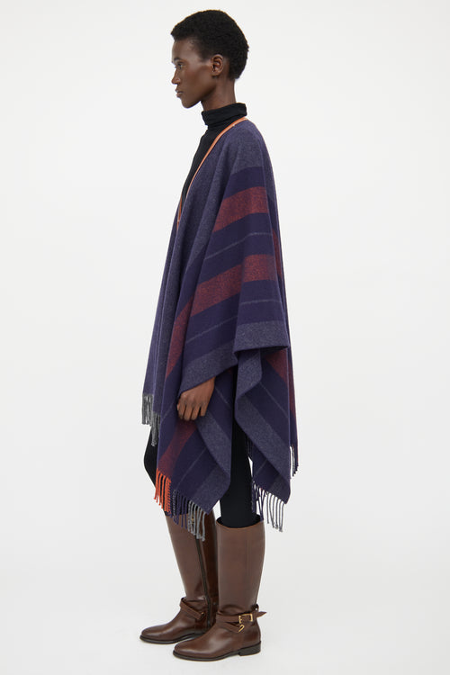 Hermes Navy & Brown Striped Wool Poncho