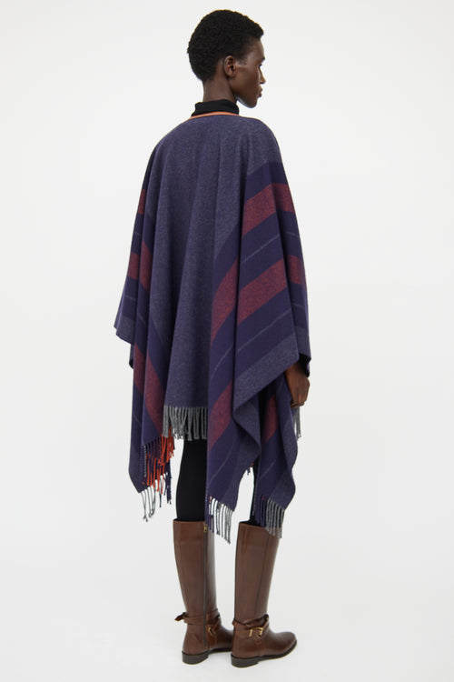 Hermes Navy & Brown Striped Wool Poncho