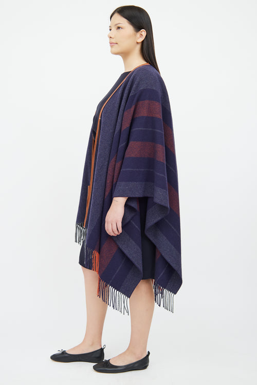 Navy & Brown Striped Wool Poncho Hermès