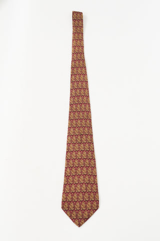 Hermès Red & Brown Silk Leaf Printed Tie