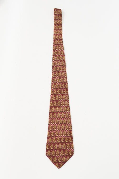 Hermès Red & Brown Silk Leaf Printed Tie