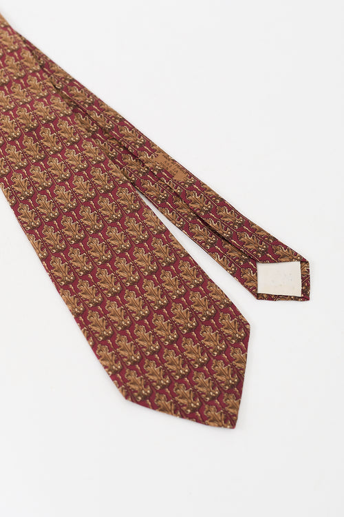 Hermès Red & Brown Silk Leaf Printed Tie