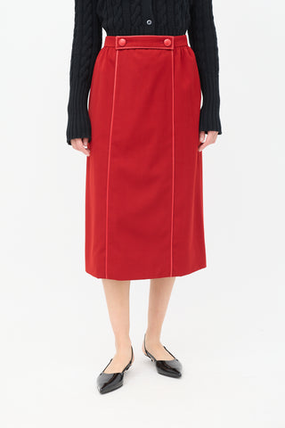 Hermès Vintage Red Wool & Leather Trimmed Midi Skirt