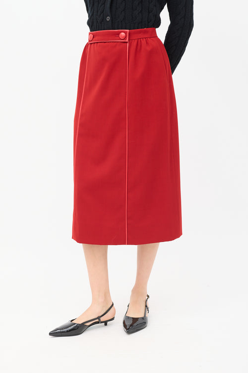 Hermès Vintage Red Wool & Leather Trimmed Midi Skirt