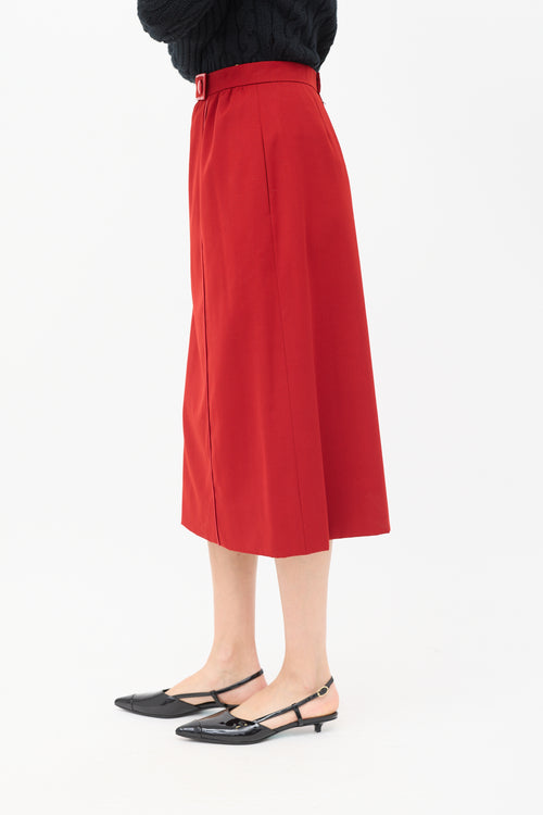 Hermès Vintage Red Wool & Leather Trimmed Midi Skirt