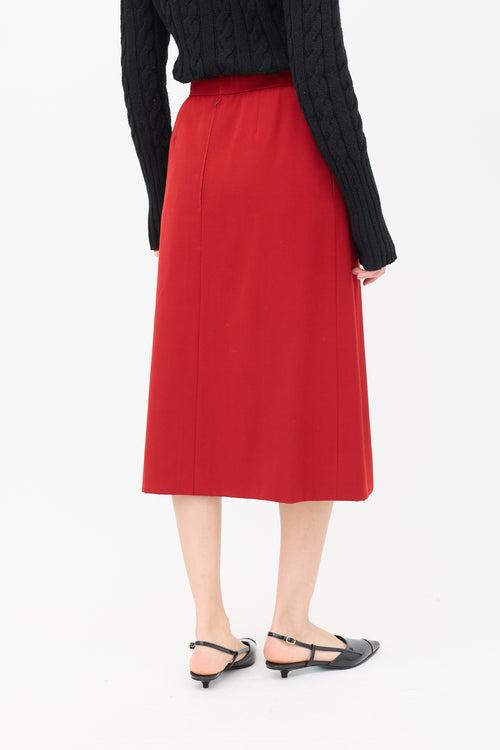 Hermès Vintage Red Wool & Leather Trimmed Midi Skirt