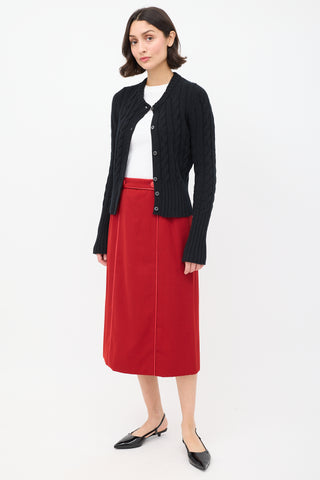 Hermès Vintage Red Wool & Leather Trimmed Midi Skirt