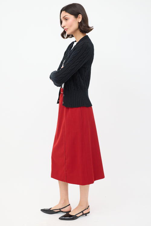 Hermès Vintage Red Wool & Leather Trimmed Midi Skirt