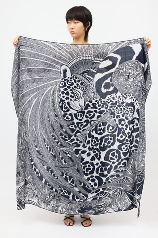 Hermès Silk & Cashmere Jaguar Quetzal 140 Scarf