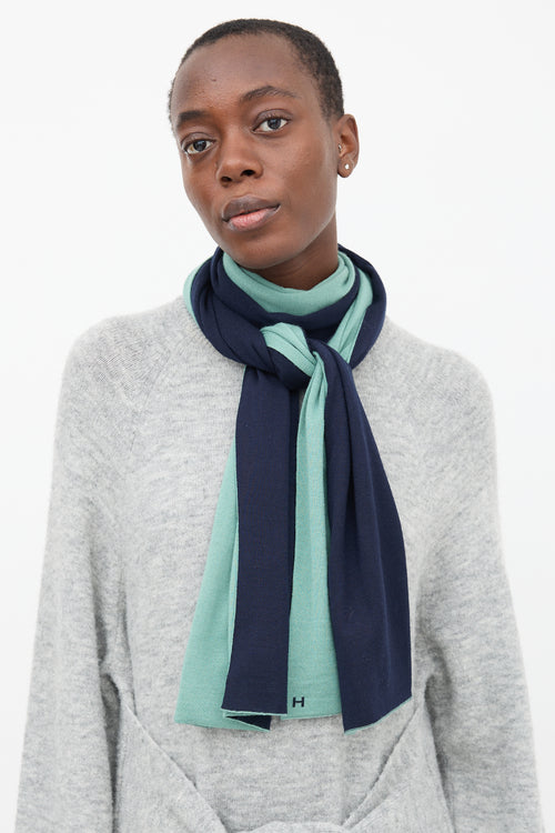 Hermès Teal Blue & Navy Cashmere Reversible Scarf