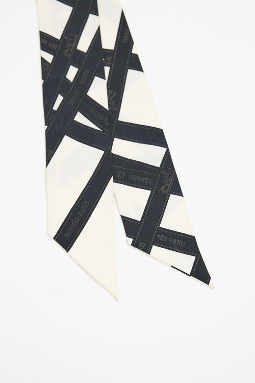 Hermès White & Black Silk Bolduc Twilly Scarf