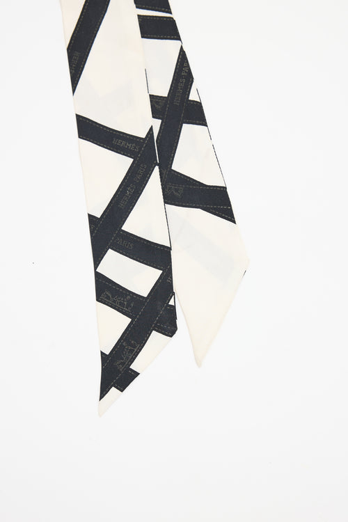 Hermès White & Black Silk Bolduc Twilly Scarf