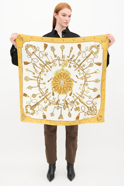 Hermes White & Gold Les Cles Scarf