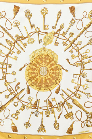 Hermes White & Gold Les Cles Scarf