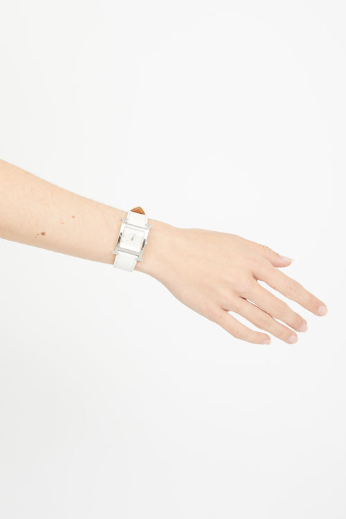 Hermès White Leather & Silver Small Heure H Watch