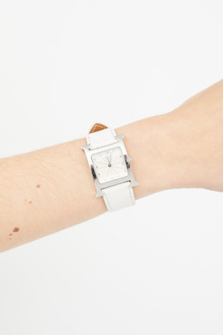 Hermès White Leather & Silver Small Heure H Watch