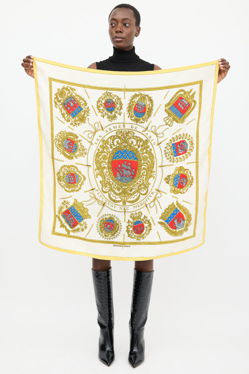 Hermès White & Multicolour Silk Les Armes de Paris 90 Scarf