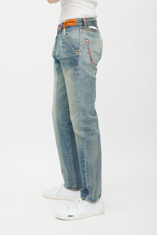 Heron Preston X Levi's Light Wash & Orange Distressed Jeans