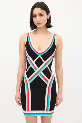 Hervé Léger Black & Multi Stripe Bandage Dress