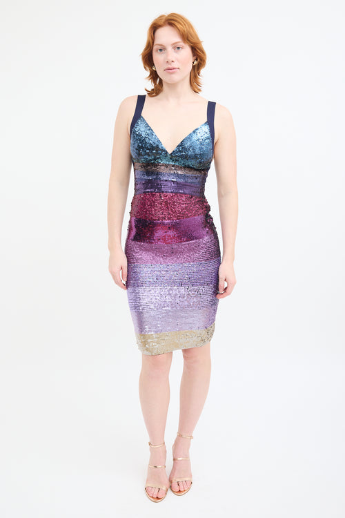 Hervé Léger Blue & Purple Ombré Sequin Dress