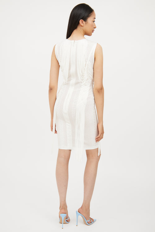 Hervé Léger White & Beige Knit Fringe Sleeveless Dress