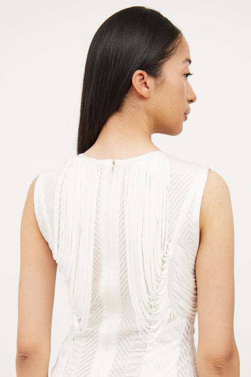 Hervé Léger White & Beige Knit Fringe Sleeveless Dress