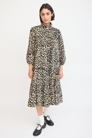 Horses Atelier Beige & Black Cotton Printed Tiered Dress