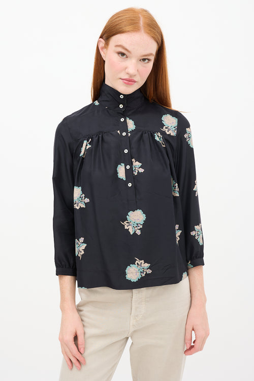 Horses Atelier Black & Multi Silk Floral Top