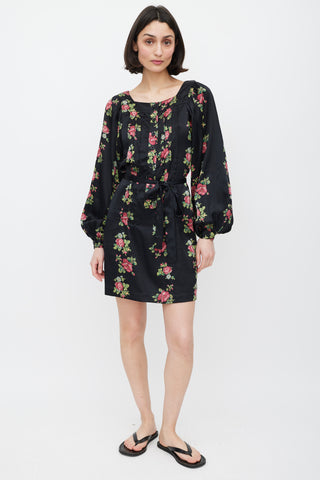 Horses Atelier Black & Multicolour Floral Silk Tie Waist Dress