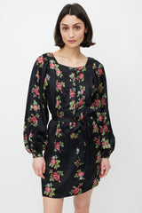 Horses Atelier Black & Multicolour Floral Silk Tie Waist Dress
