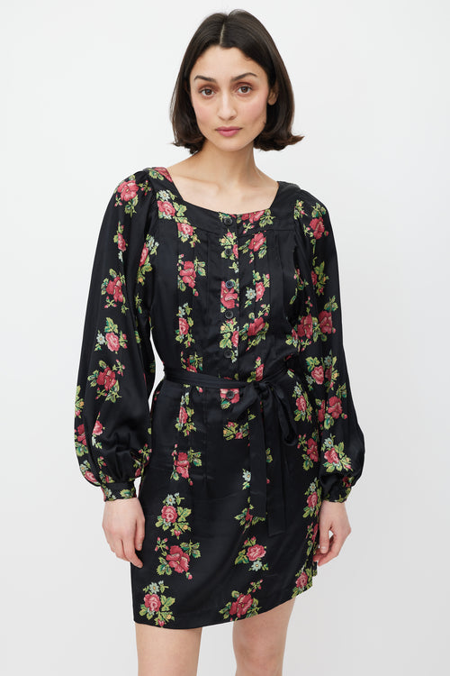 Horses Atelier Black & Multicolour Floral Silk Tie Waist Dress