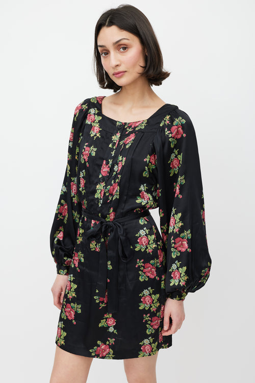 Horses Atelier Black & Multicolour Floral Silk Tie Waist Dress