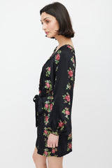 Horses Atelier Black & Multicolour Floral Silk Tie Waist Dress
